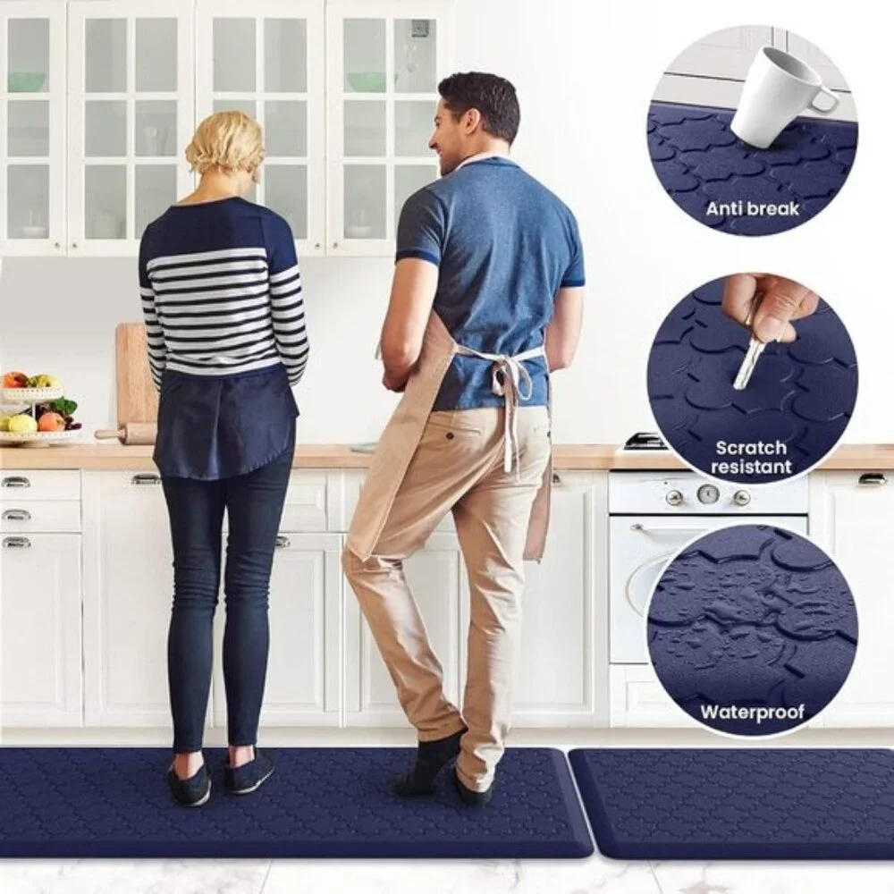 New Set of 2 Blue Kitchen Rugs, Cushioned Anti-Fatigue, Non-Skid Waterproof Rugs